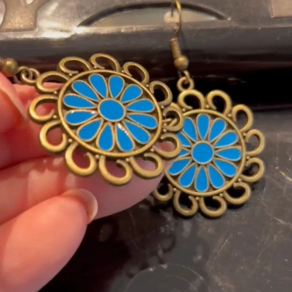 Turquoise Blue Enamel Flower Earrings Antique Gold Tone Boho